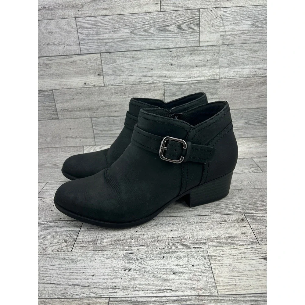 Clarks Collection Black Leather Ankle Boots Buckle‎ Side Zip Women US 6.5